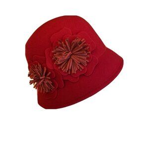 Nine West Red 100% Wool Felt Cloche Flower One Size Fedora Bowler Style Hat